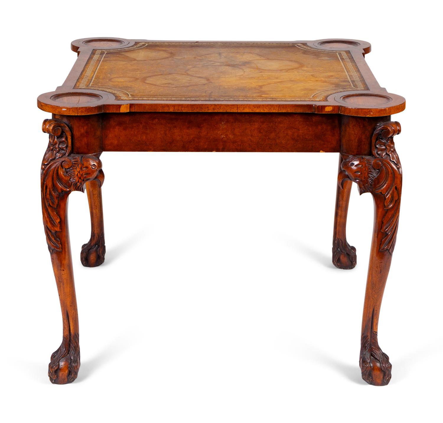 A George II Style Carved Walnut Game Table with Inset Gilt Tooled Leather Playing Surface — 19TH CENTURY