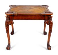 A George II Style Carved Walnut Game Table with Inset Gilt Tooled Leather Playing Surface — 19TH CENTURY