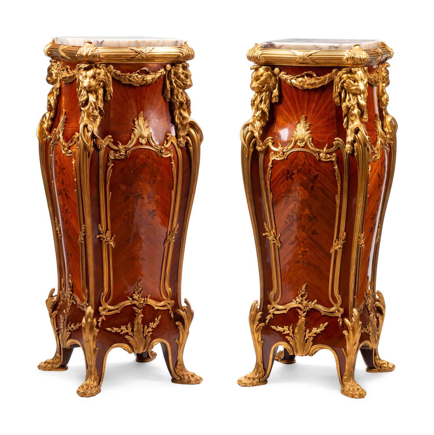 A Pair of Louis XV Style Gilt Bronze Mounted Marquetry Pedestals After the Model by Joseph-Emmanuel Zwiener