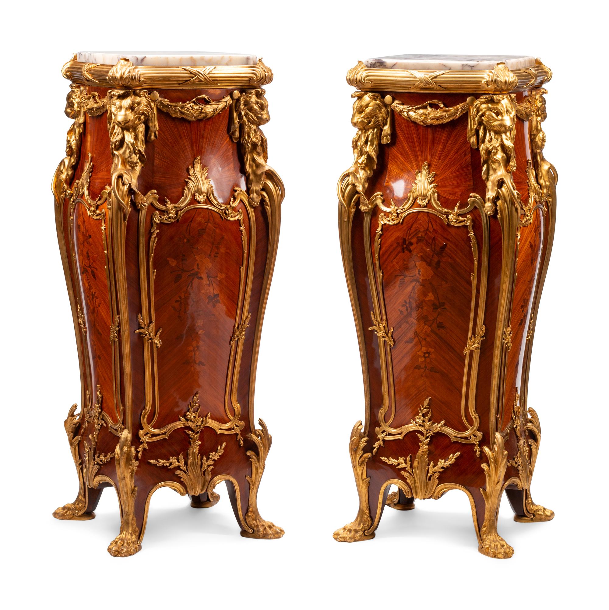 A Pair of Louis XV Style Gilt Bronze Mounted Marquetry Pedestals After the Model by Joseph-Emmanuel Zwiener