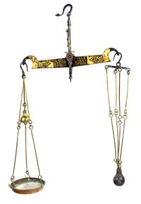 A Group of Three Antique Brass Scales Height of largest 44 inches.