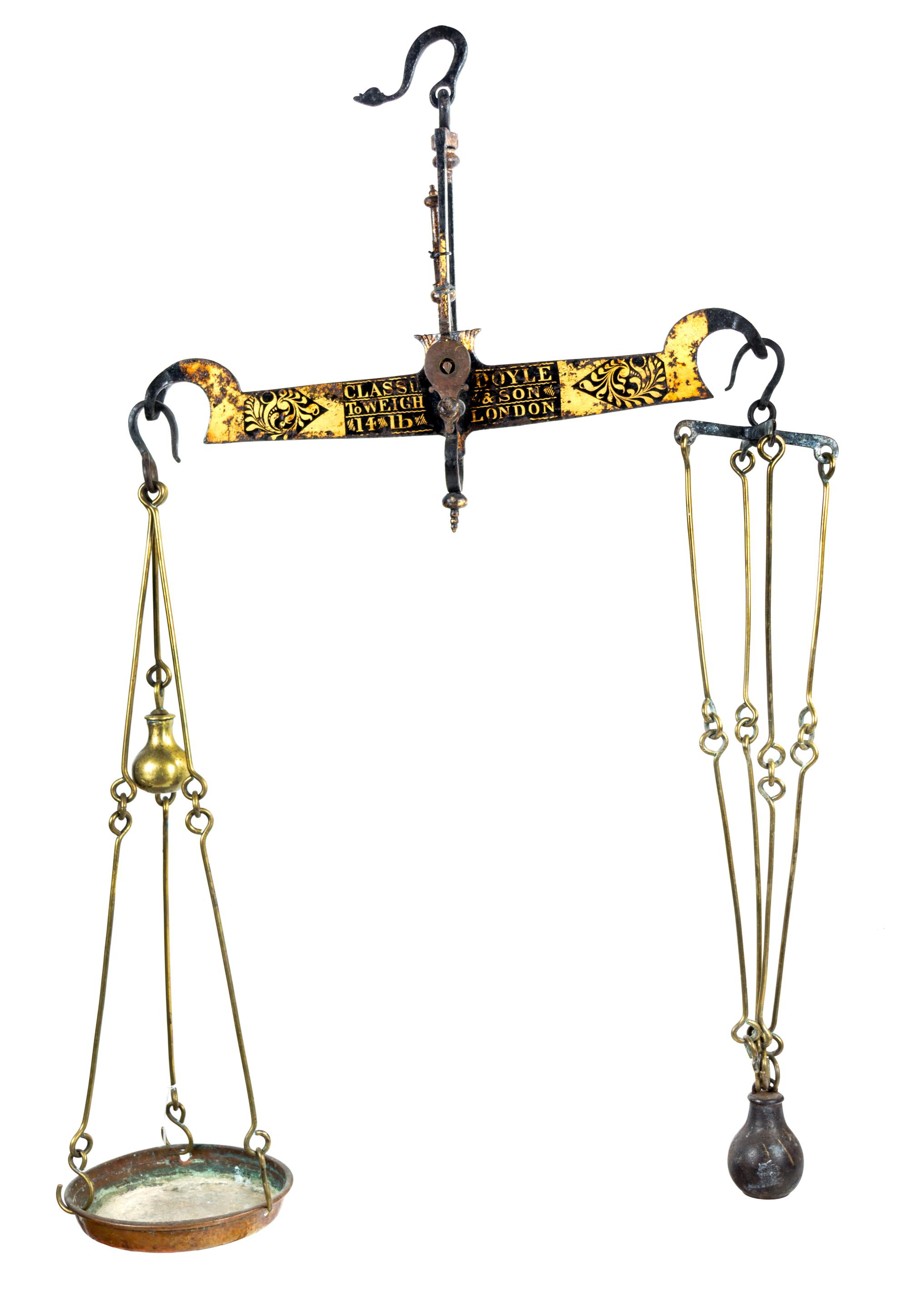 A Group of Three Antique Brass Scales Height of largest 44 inches.