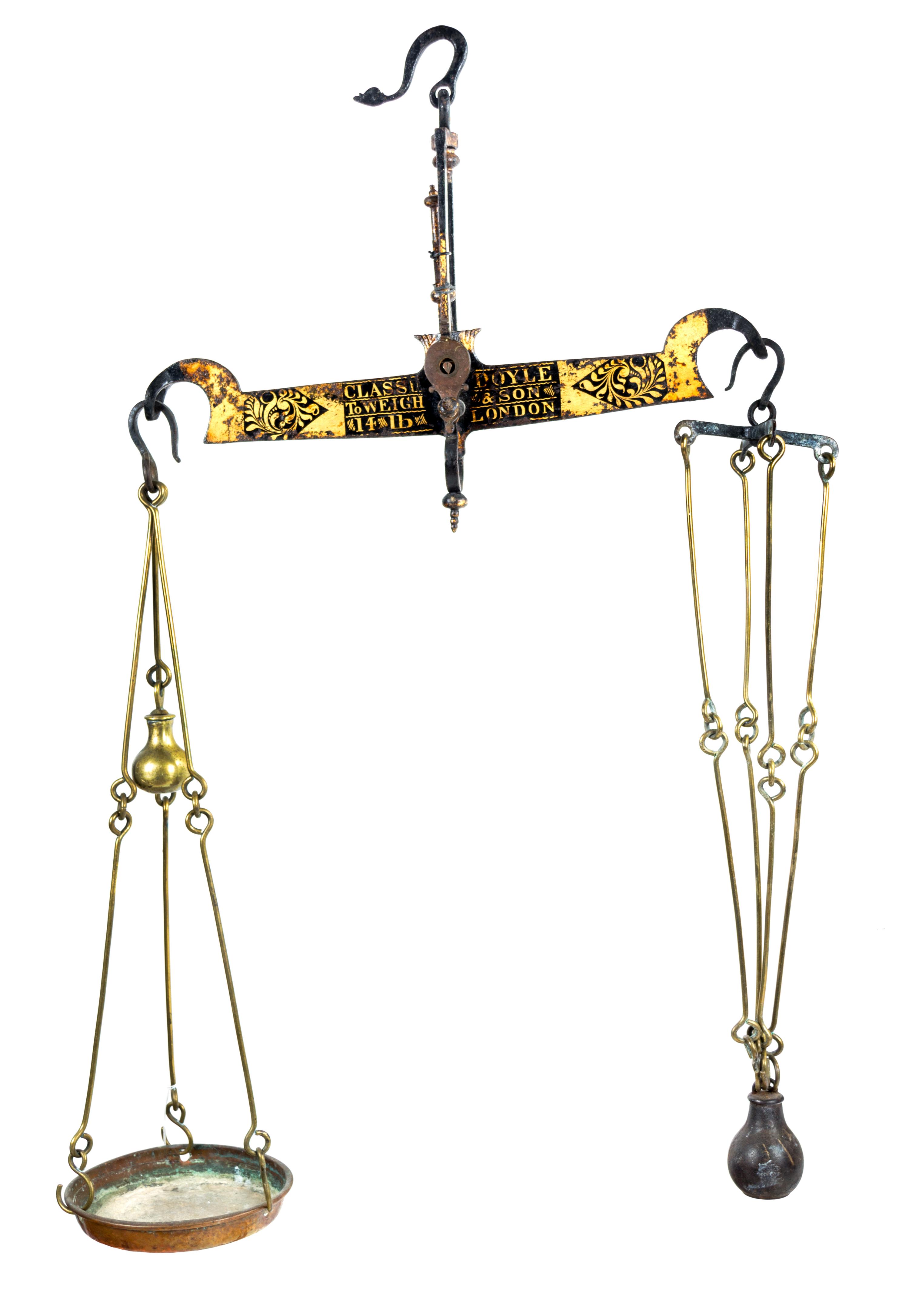 A Group of Three Antique Brass Scales Height of largest 44 inches.