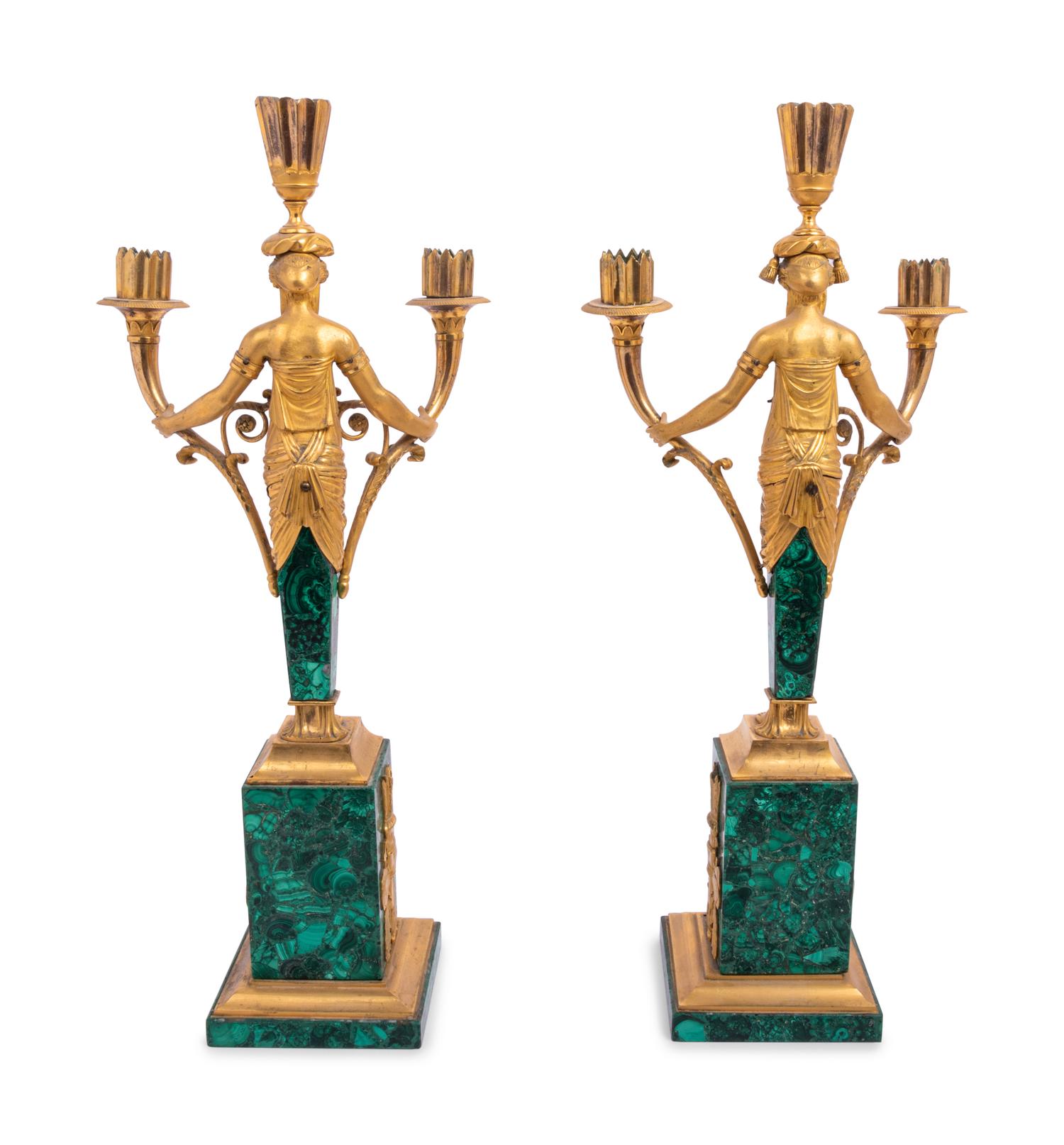 A Pair of Empire Style Gilt Bronze and Malachite Veneered Three-Light Candelabra