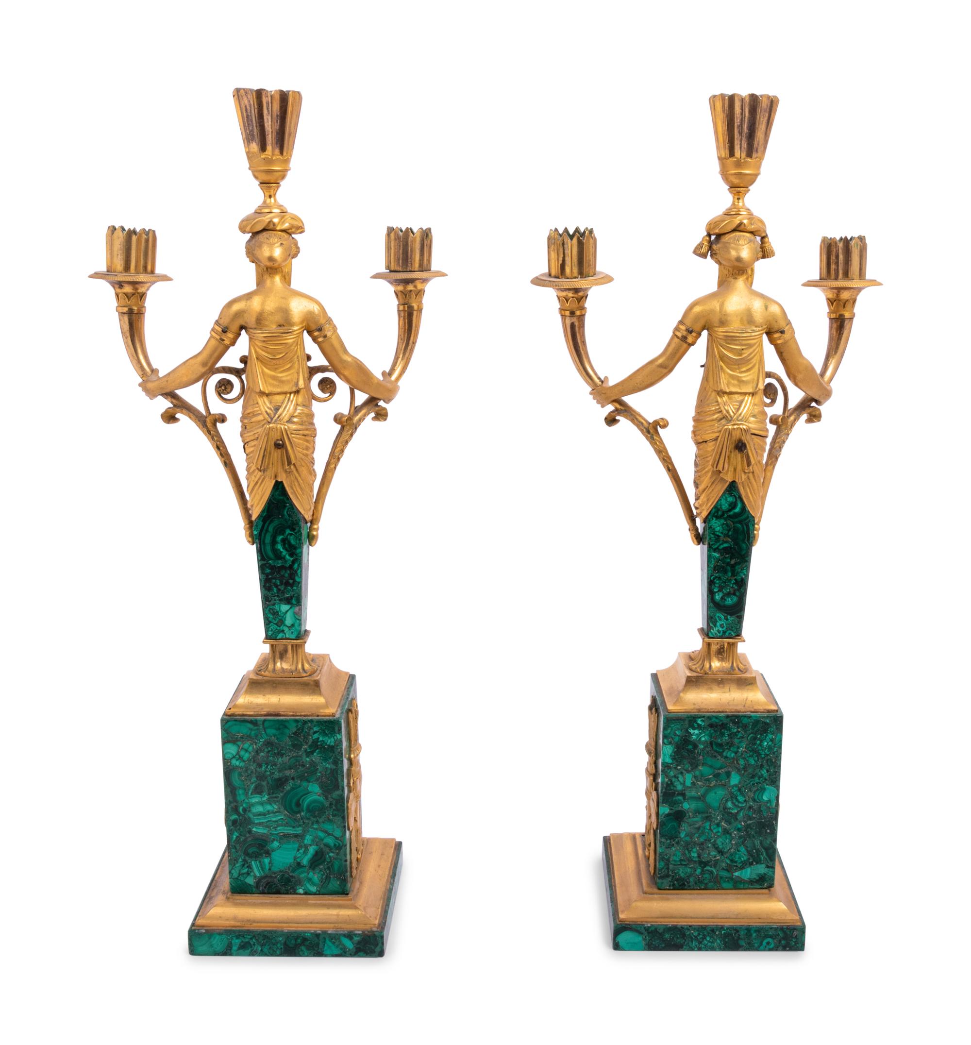 A Pair of Empire Style Gilt Bronze and Malachite Veneered Three-Light Candelabra