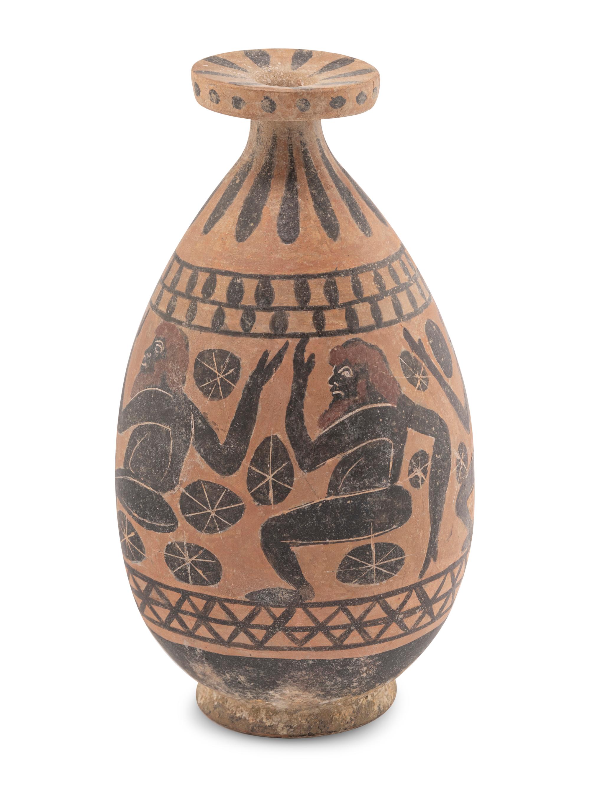 An Etruscan Aryballos with Dancing Satyrs in Black-Figured Style