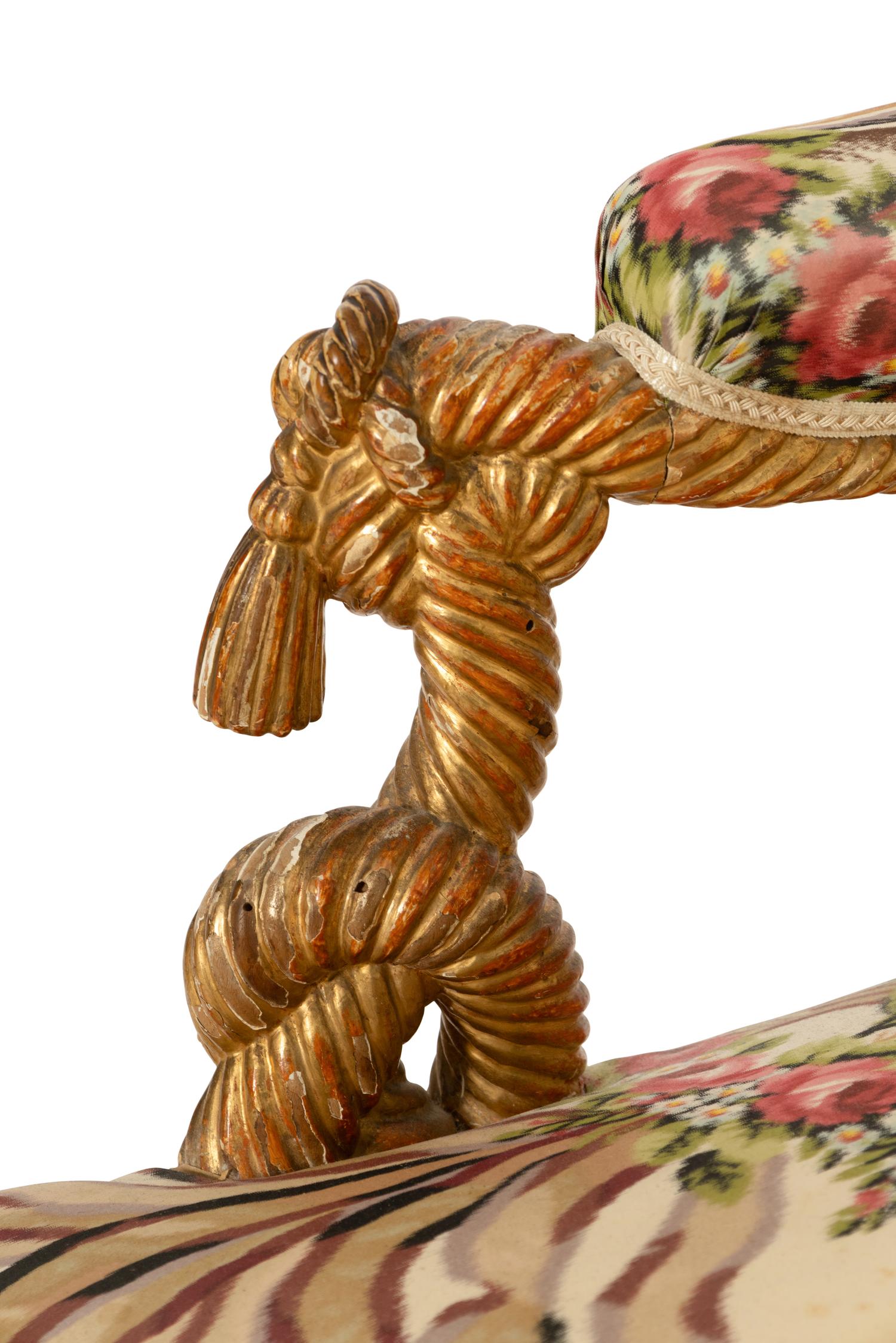 A South Italian Giltwood Canapé with Clarence House and Scalamandré Silk Upholstery