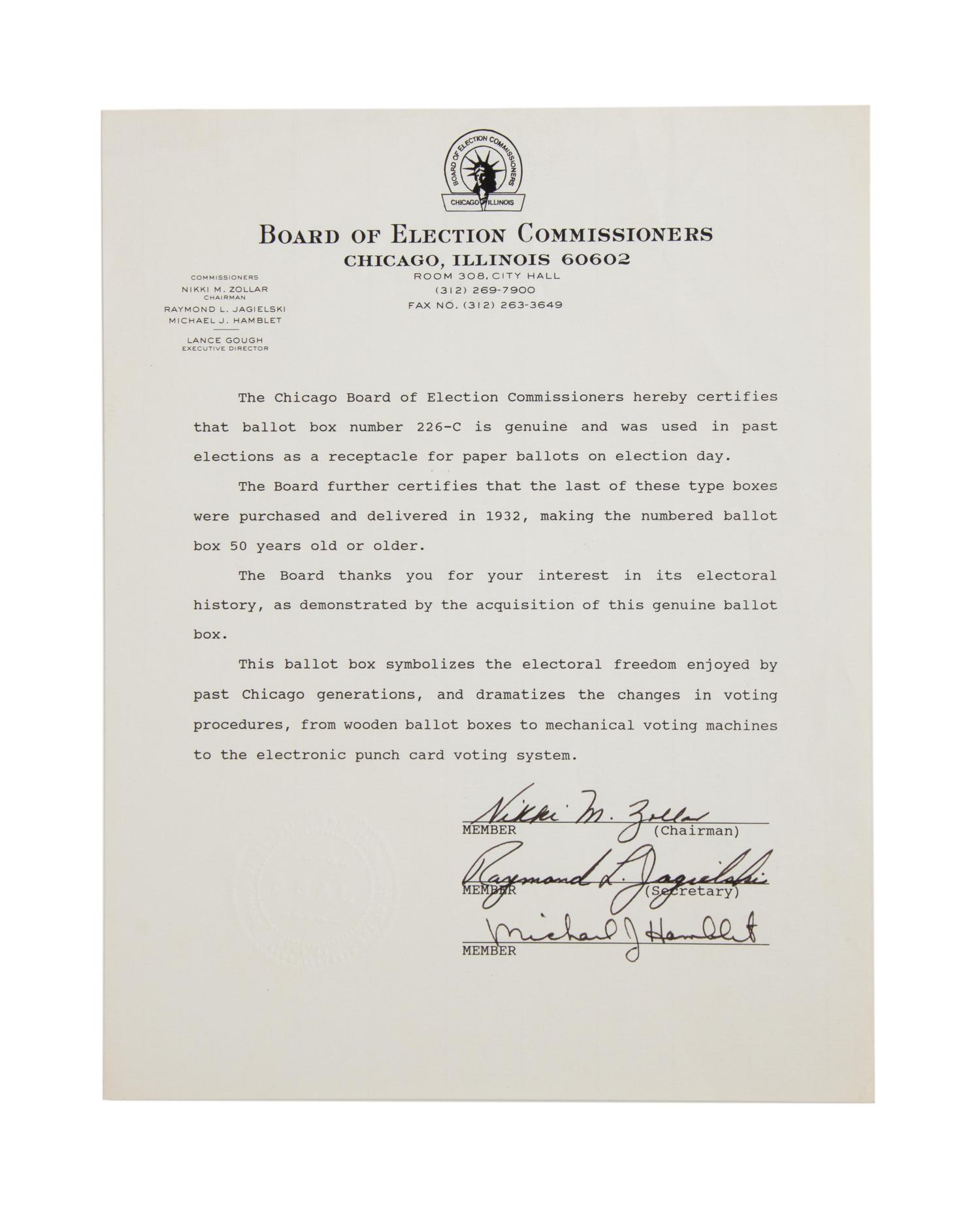 [CHICAGO HISTORY – ELECTIONS]. Ballot Box. Chicago Board of Election Commissioners. Ca 1932.
