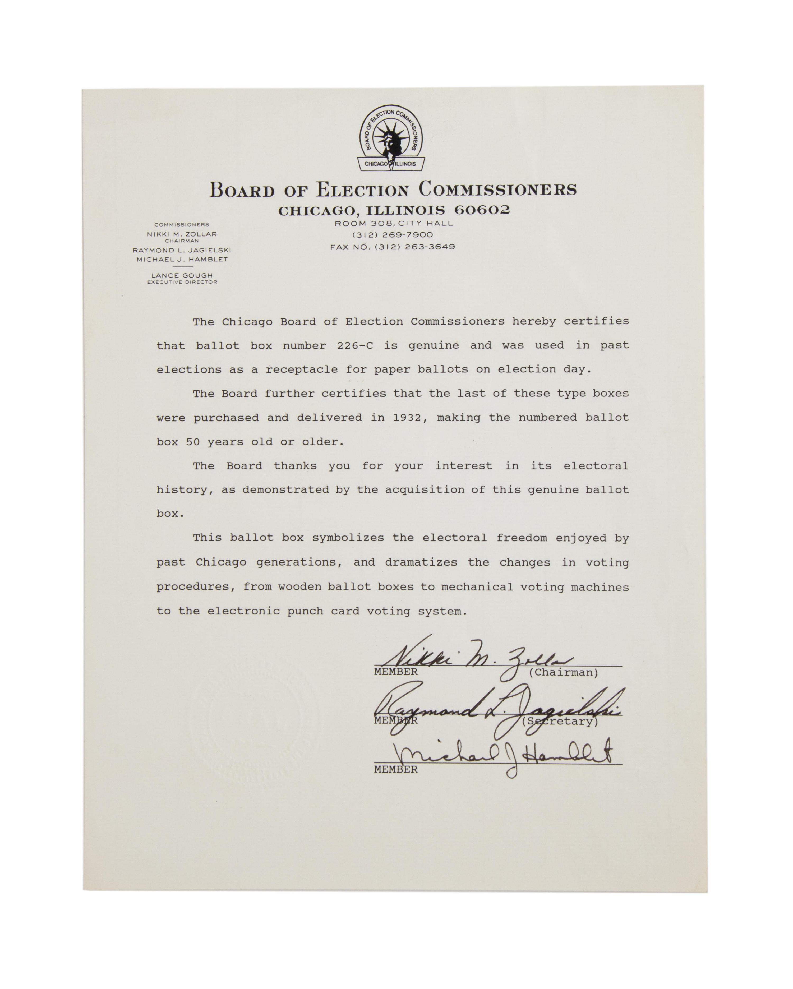 [CHICAGO HISTORY – ELECTIONS]. Ballot Box. Chicago Board of Election Commissioners. Ca 1932.