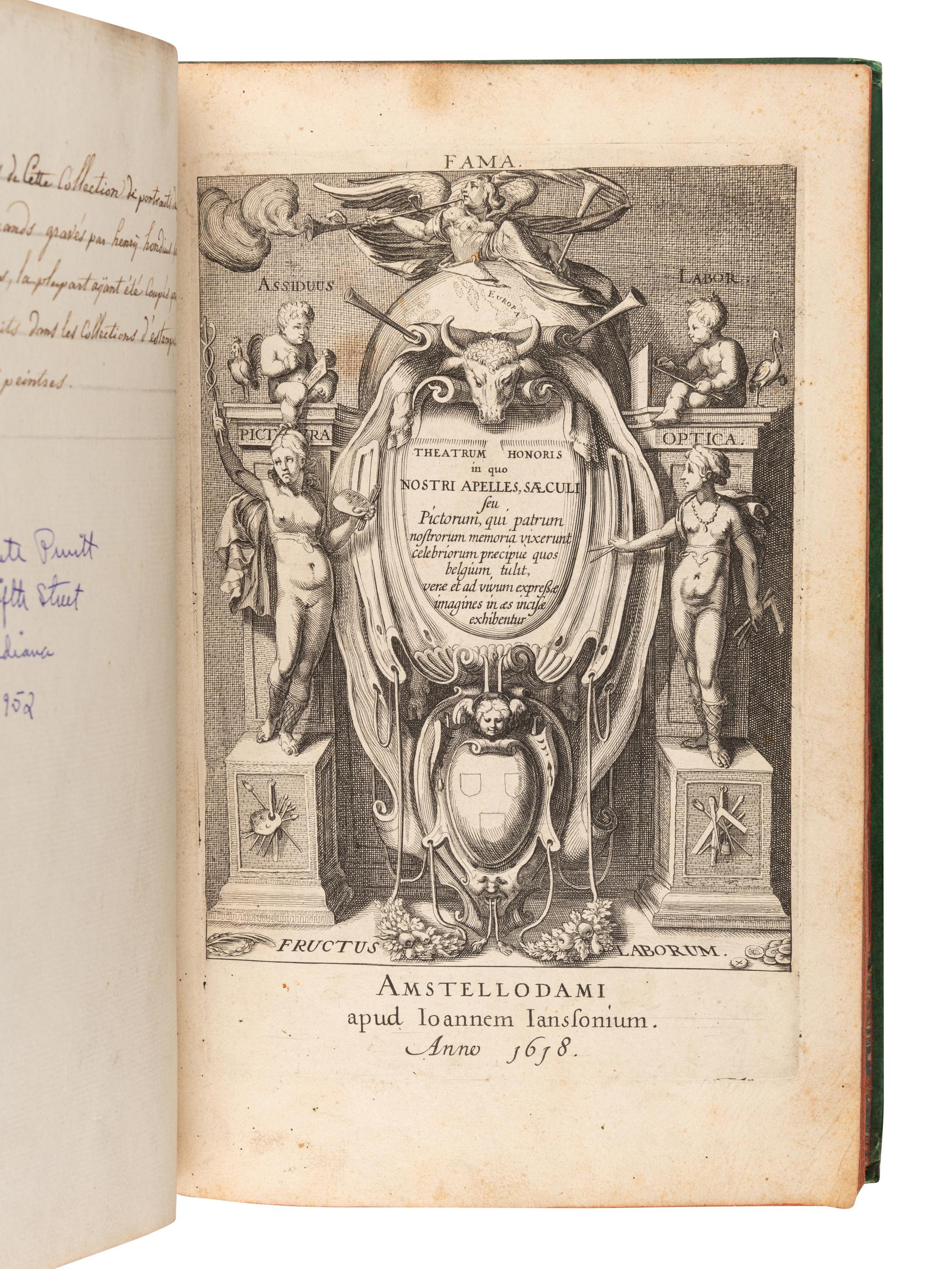 [PORTRAITS]. T heatrum honoris in quo nostri Apelles, saeculi seu Pictorum, qui patrum nostrorum memoria vixerunt celebriorum praecipue quos Belgium tulit, verae et ad vivum expressae imagines in aes incisa exhibentur . Amsterdam: Joannes Janssonius, 1618.