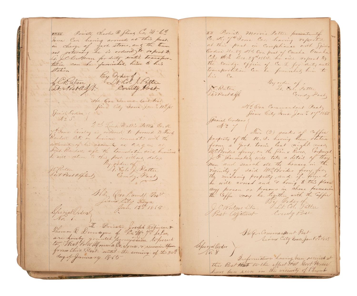 [INDIAN WARS]. Manuscript special orders book for 7th Iowa Volunteer Cavalry, 1864-1866.