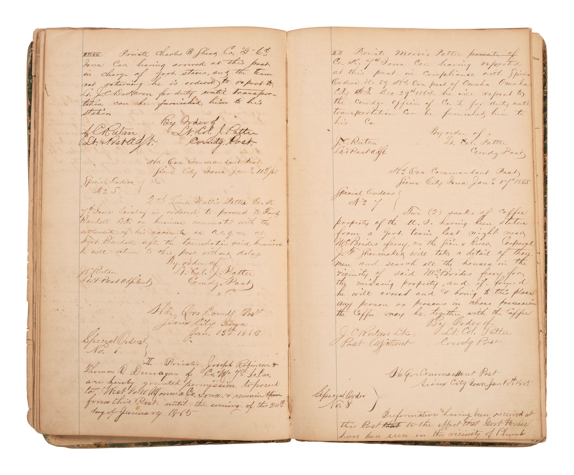[INDIAN WARS]. Manuscript special orders book for 7th Iowa Volunteer Cavalry, 1864-1866.