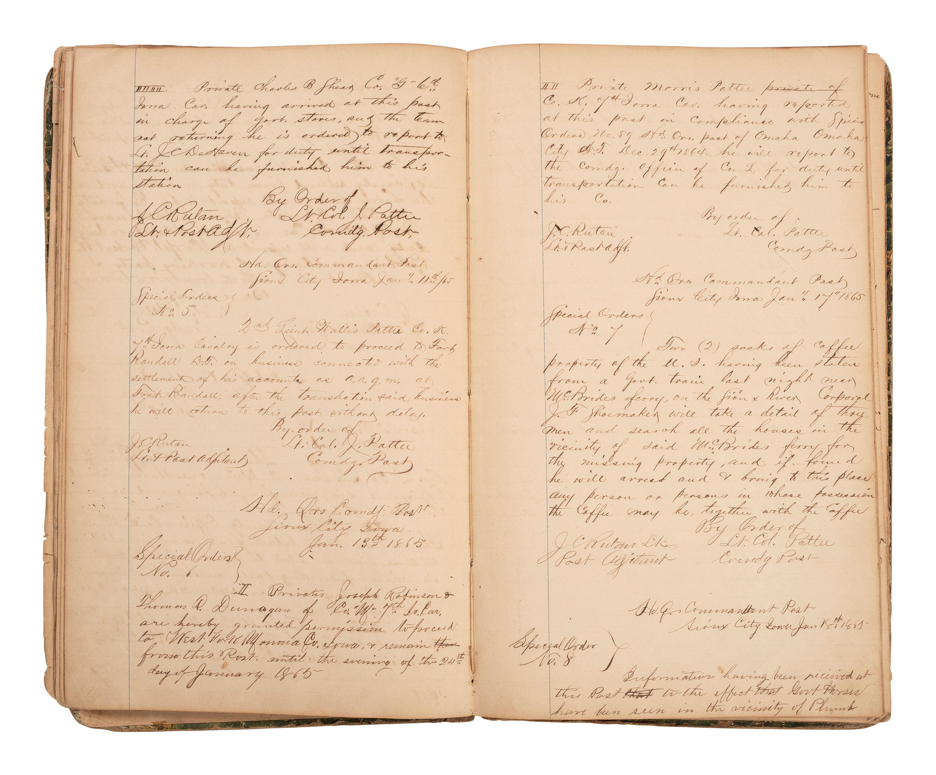 [INDIAN WARS]. Manuscript special orders book for 7th Iowa Volunteer Cavalry, 1864-1866.