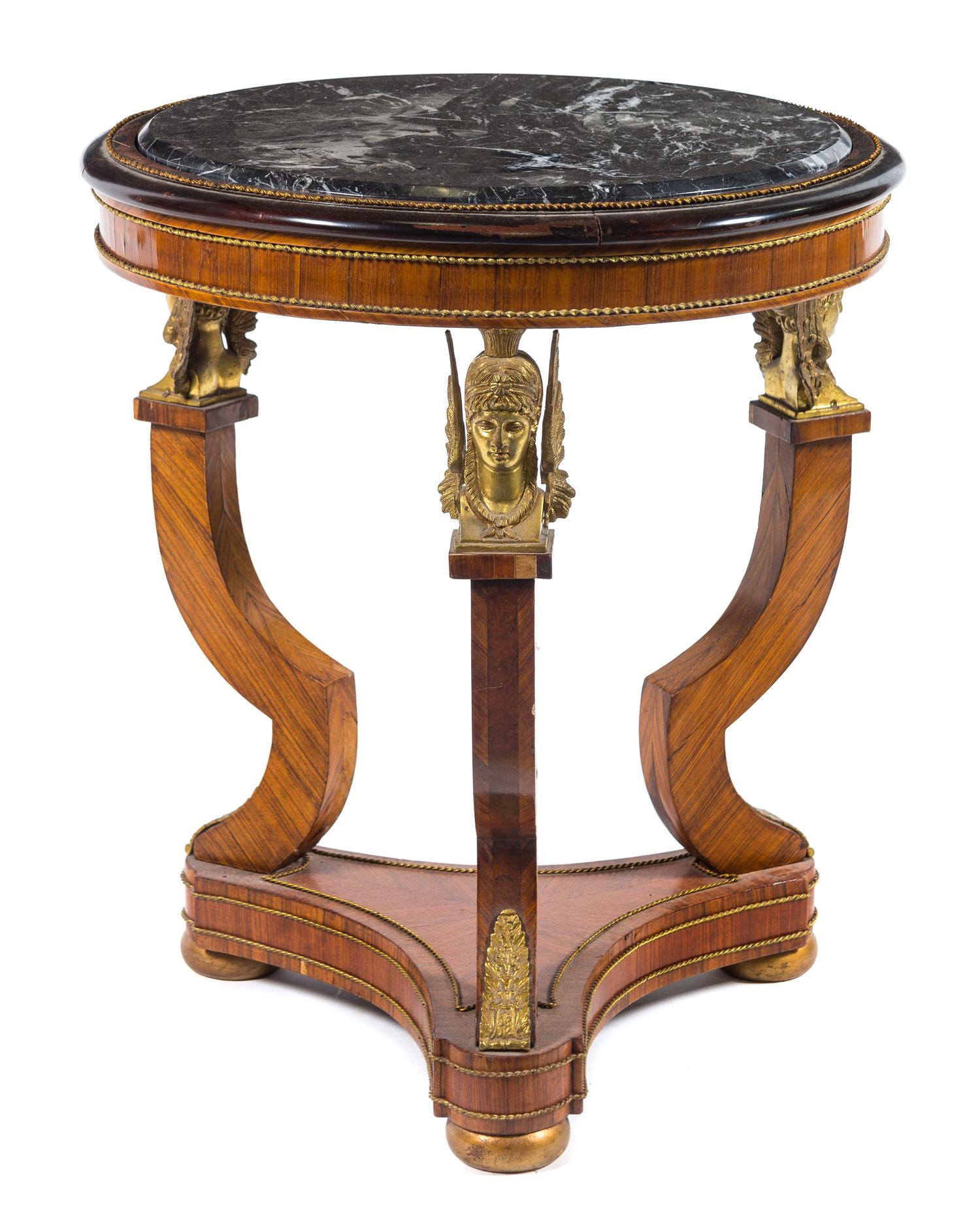 An Empire Style Gilt Bronze Mounted Kingwood Gueridon Height 30 1/2 x diameter of top 25 1/2 inches. — LATE 19TH/EARLY 20TH CENTURY