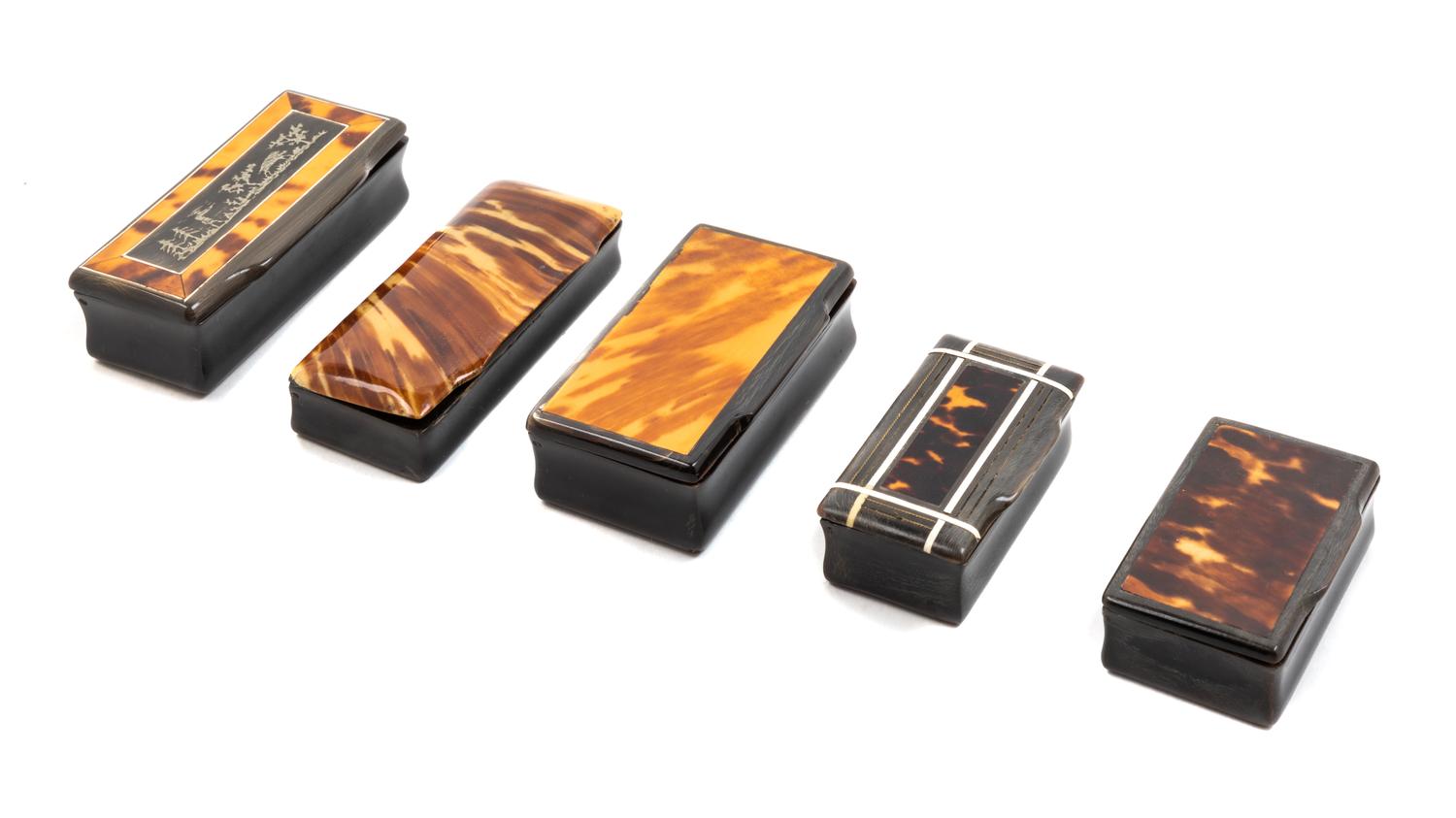 A Group of Five Carved Horn and Tortoise Shell Inlaid Snuff Boxes