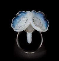 A Lalique Molded and Frosted Glass Perfume Bottle, Height overall 6 1/4 inches.