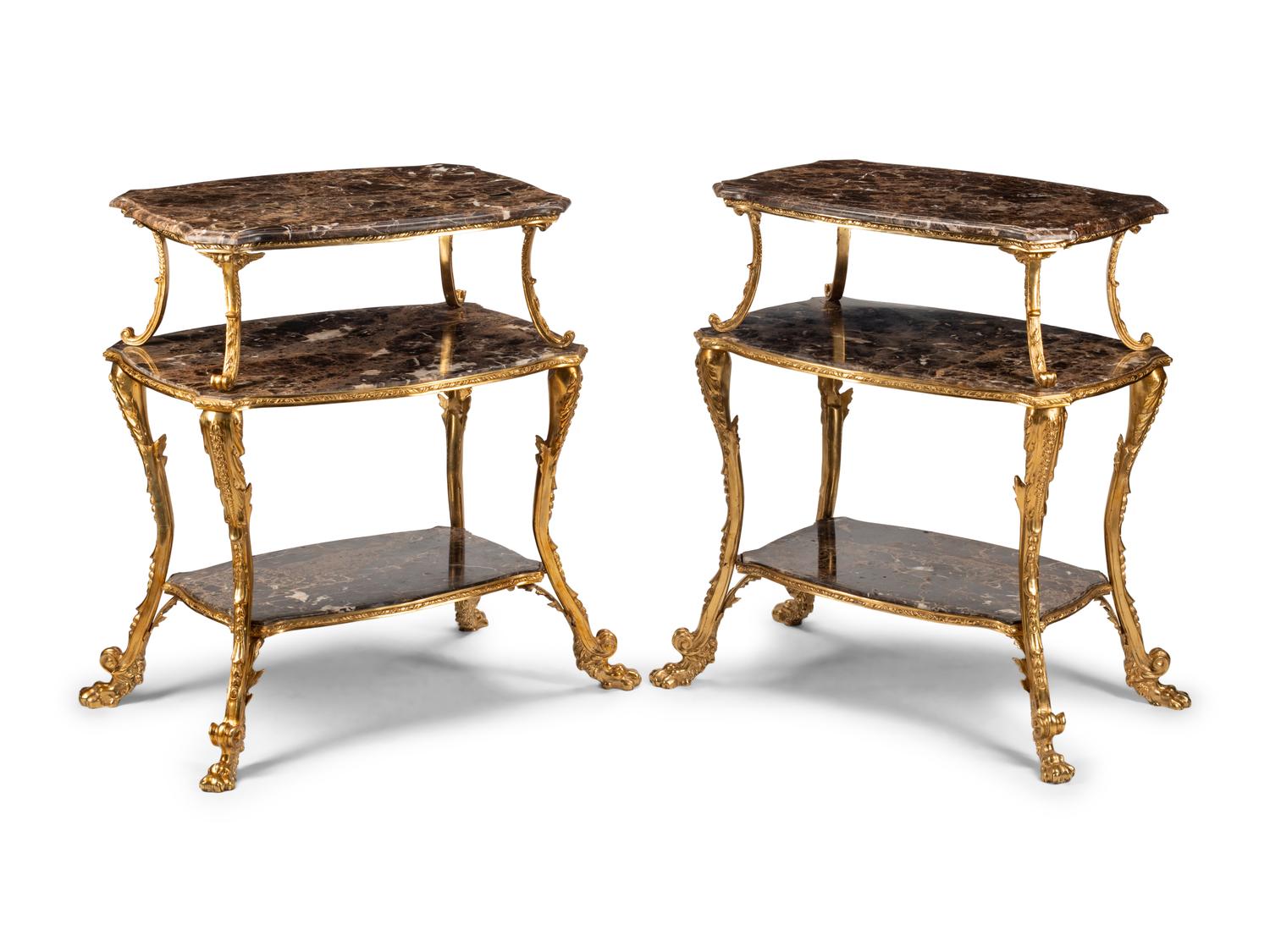 A Pair of Continental Gilt Bronze and Marble Three-Tier Serving Tables