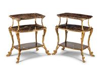 A Pair of Continental Gilt Bronze and Marble Three-Tier Serving Tables