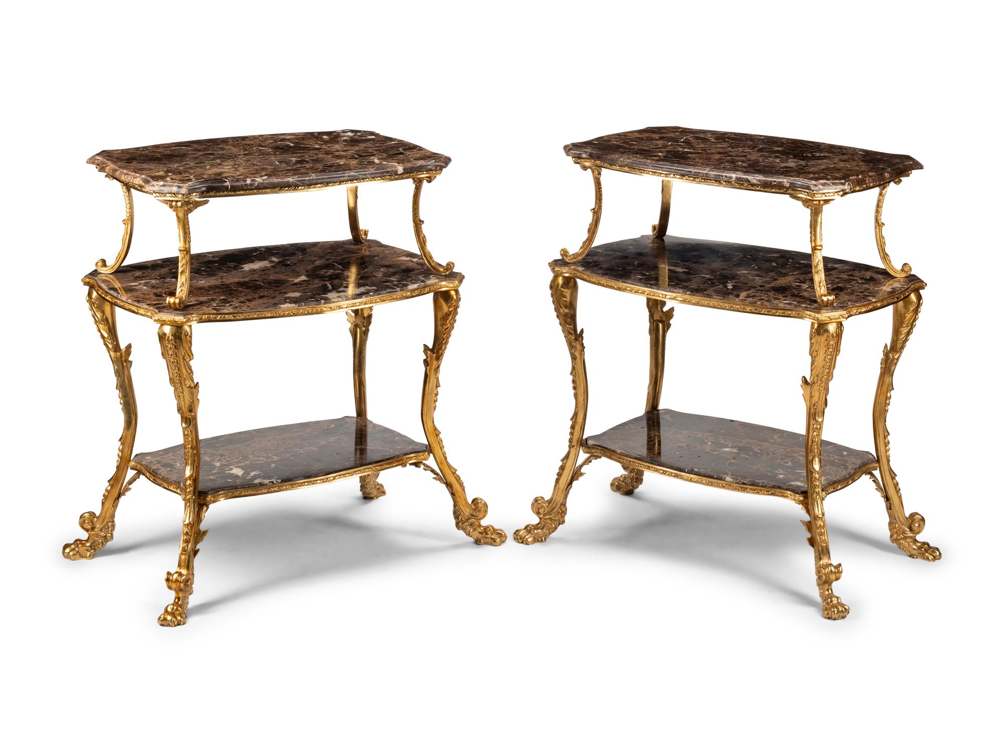 A Pair of Continental Gilt Bronze and Marble Three-Tier Serving Tables