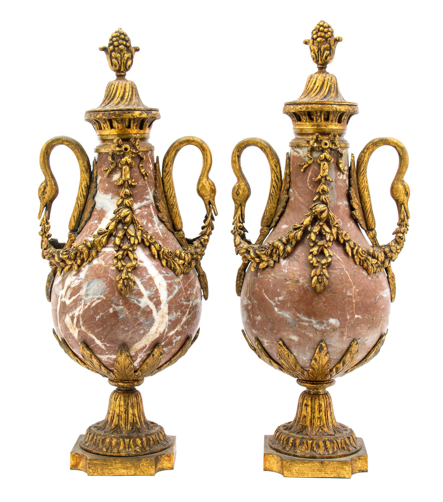 A Pair of Neoclassical Rouge Marble and Gilt Bronze Mounted Urns, Height 21 inches.