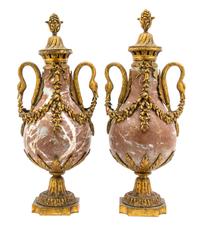 A Pair of Neoclassical Rouge Marble and Gilt Bronze Mounted Urns, Height 21 inches.