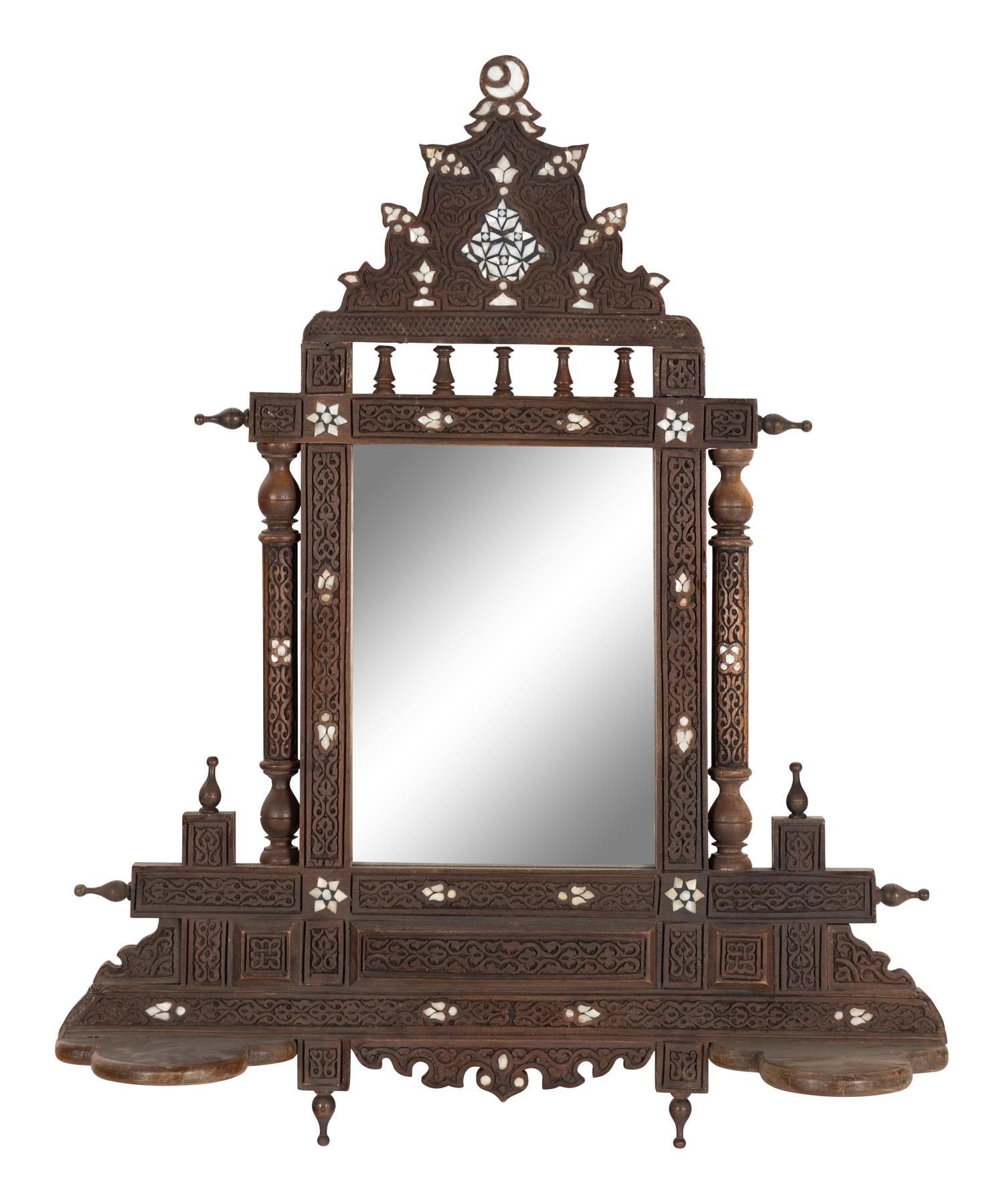 A Syrian Mother-of-Pearl Inlaid Walnut Mirrored Shelf