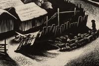 A group of four American prints (Philip Cheney, Sweet Water ; Fred Shane, Farm in the Rockies ; Lynd Ward, The Corral - Tres Cumbres ; Edward A. Wilson, Hog Back Meeting House )