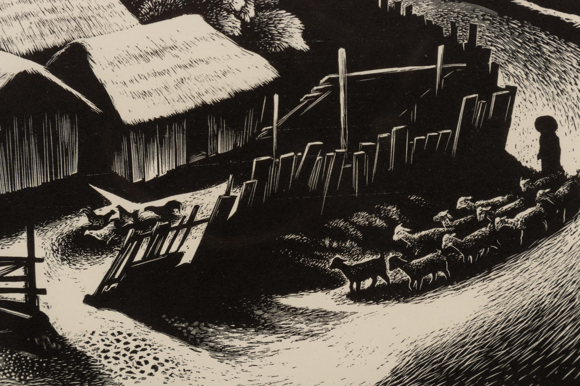 A group of four American prints (Philip Cheney, Sweet Water ; Fred Shane, Farm in the Rockies ; Lynd Ward, The Corral - Tres Cumbres ; Edward A. Wilson, Hog Back Meeting House )