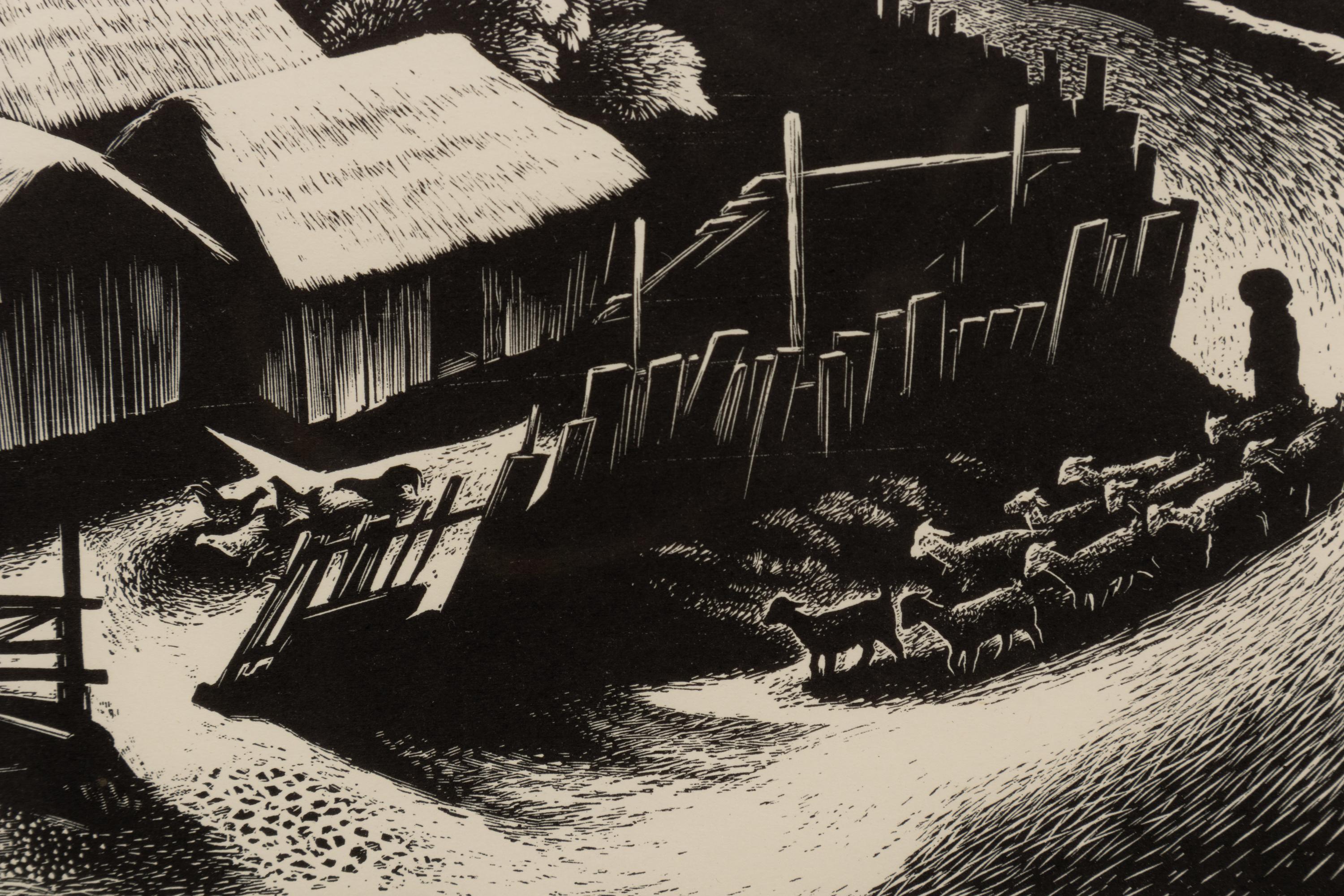 A group of four American prints (Philip Cheney, Sweet Water ; Fred Shane, Farm in the Rockies ; Lynd Ward, The Corral - Tres Cumbres ; Edward A. Wilson, Hog Back Meeting House )