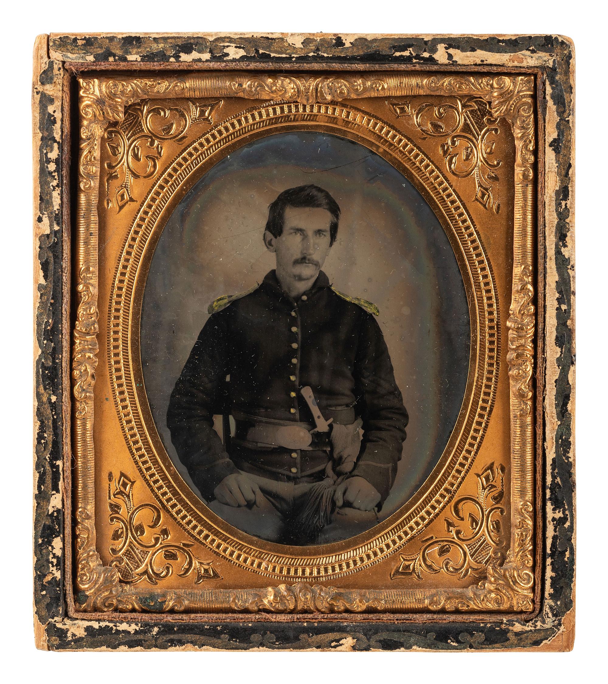 [CIVIL WAR]. 4 sixth plate images of armed soldiers, incl. tintype of soldier with Bowie knife.