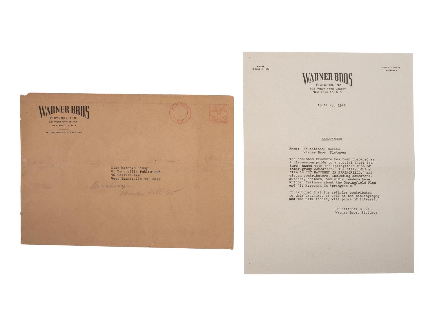 [EDUCATION] -- [CIVIL RIGHTS]. It Happened in Springfield . New York, NY: Warner Bros. Pictures, [1945].