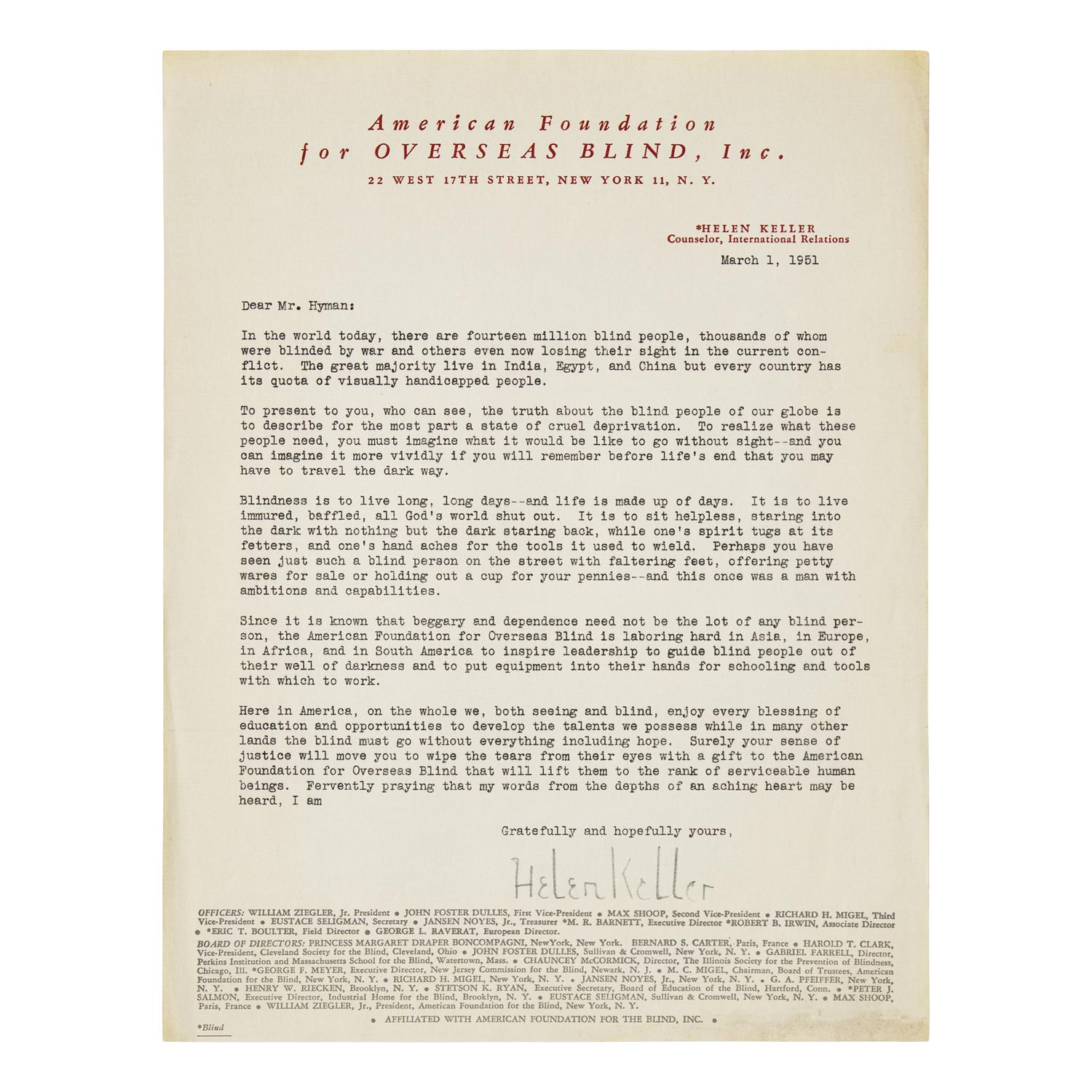 [Americana] Keller, Helen. Typed Letter, signed