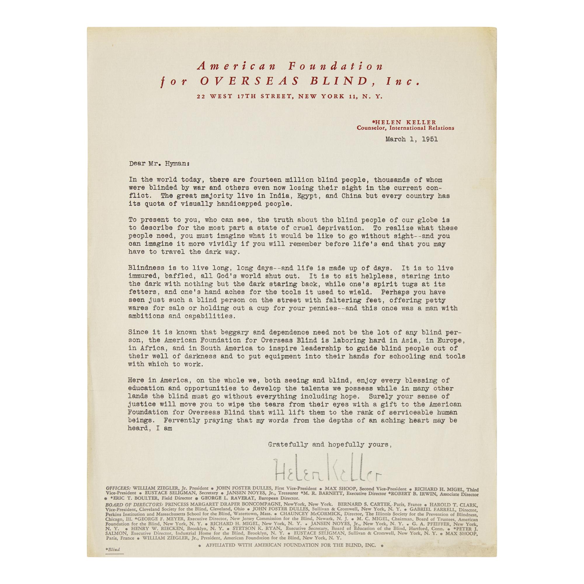 [Americana] Keller, Helen. Typed Letter, signed