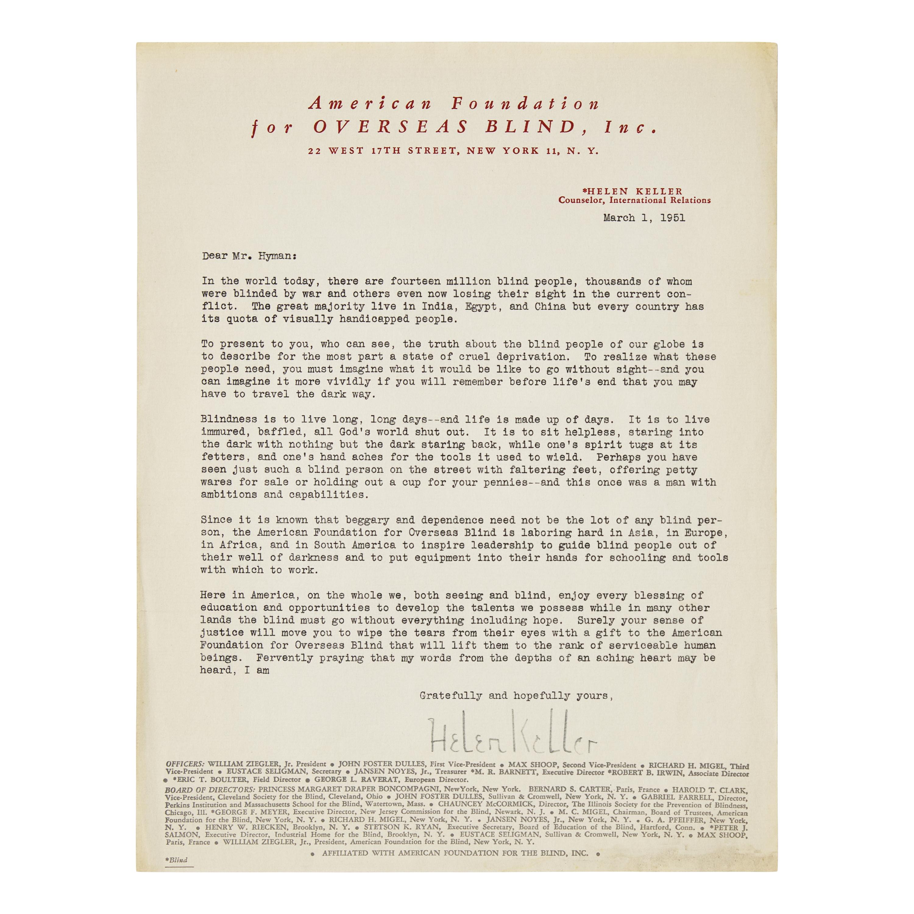 [Americana] Keller, Helen. Typed Letter, signed