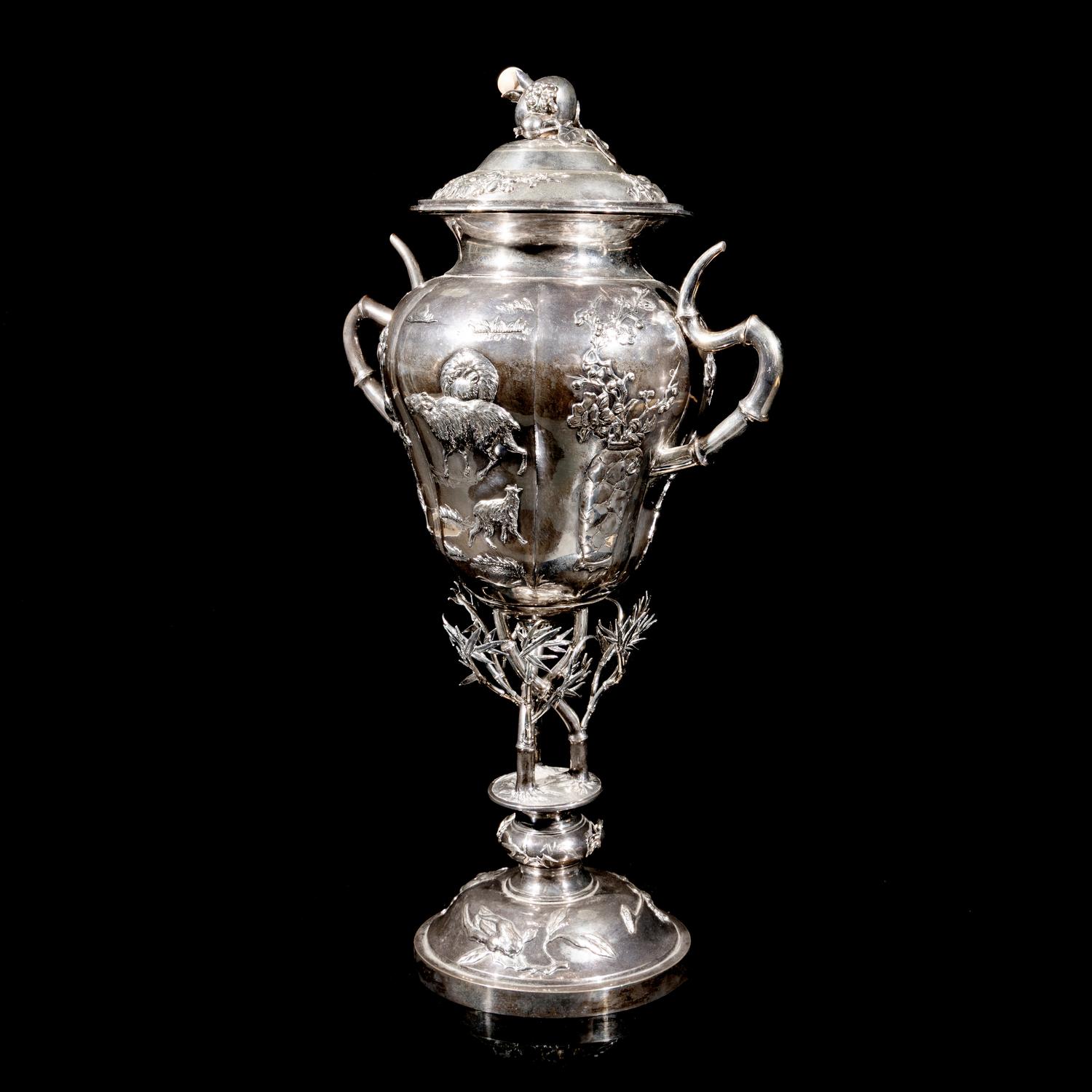 A Chinese Export Silver Cup and Cover, Early 20th Century 晚清-民國 外銷歲寒三友銀杯