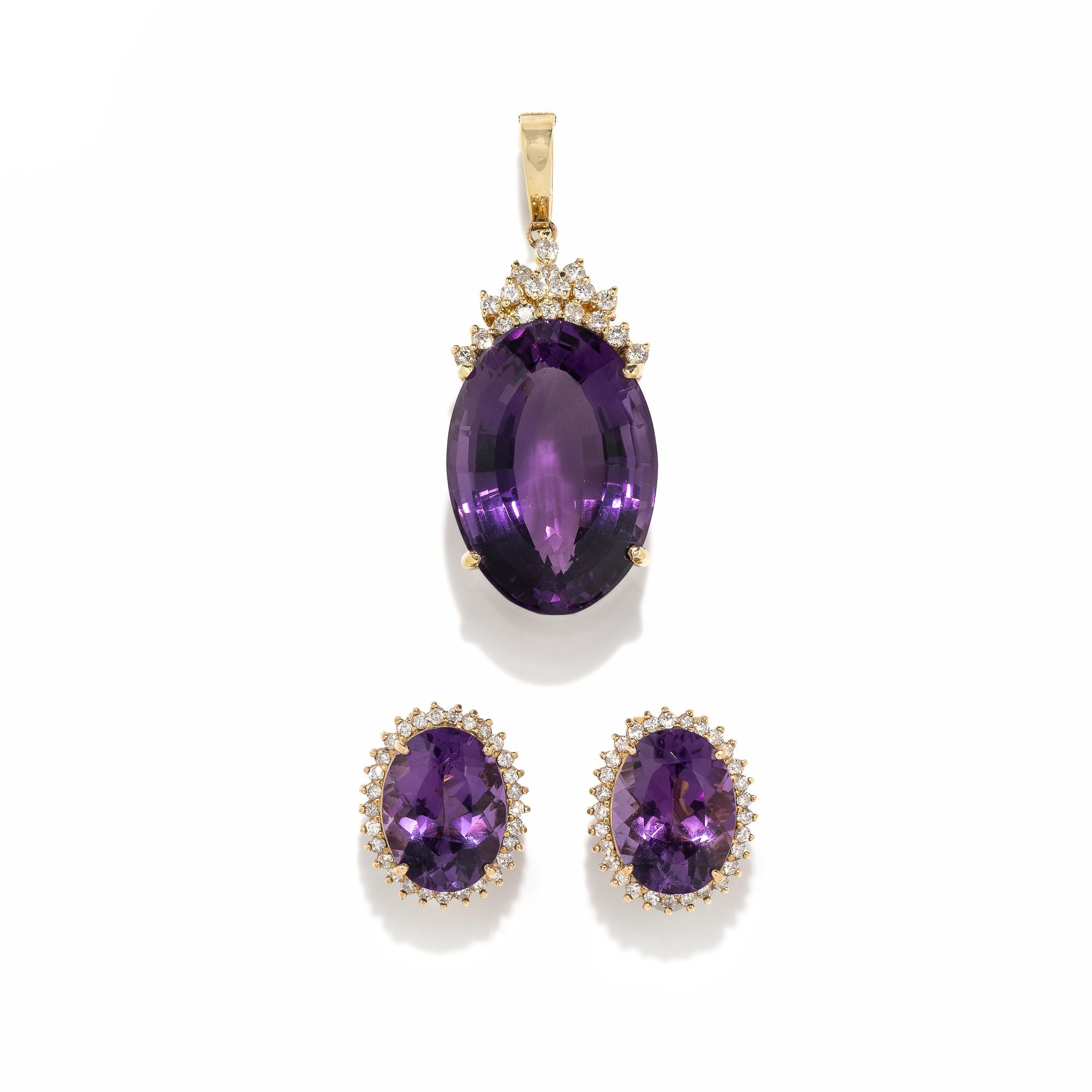 AMETHYST AND DIAMOND EARRINGS AND BROOCH