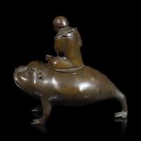 A Chinese Patinated Bronze "Liuhai and Toad" Censer, 17th/18th Century 清早中期 銅劉海戲金蟾香爐