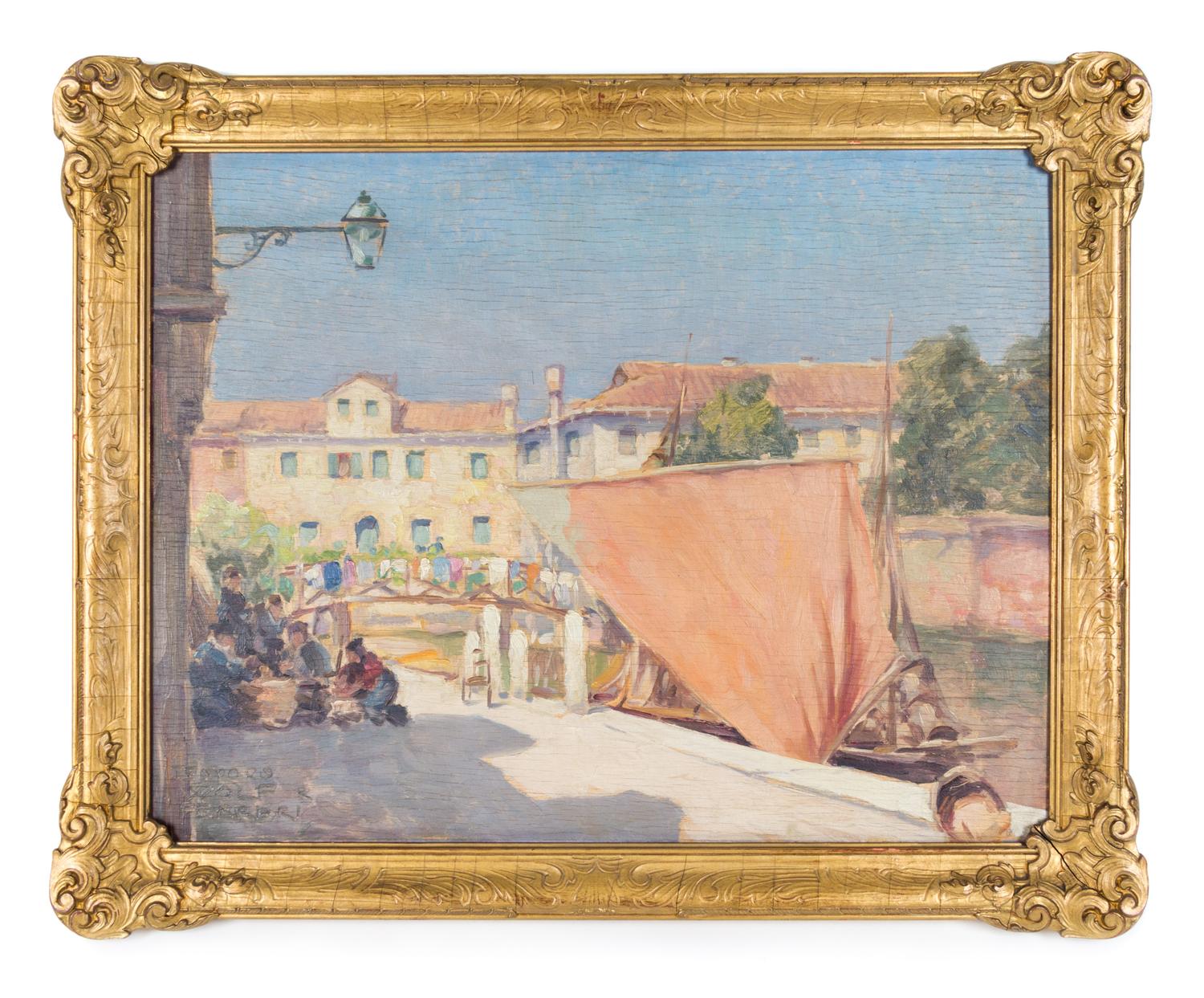 Teodoro Wolf Ferrari, (Italian, 1878-1945), Italian Canal and Villagers