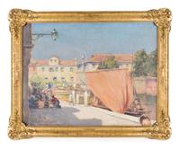 Teodoro Wolf Ferrari, (Italian, 1878-1945), Italian Canal and Villagers