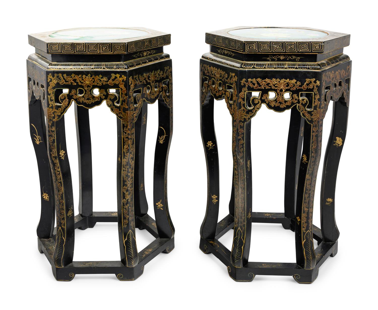 A Pair of Chinese Export Black and Gilt Lacquered Side Stands