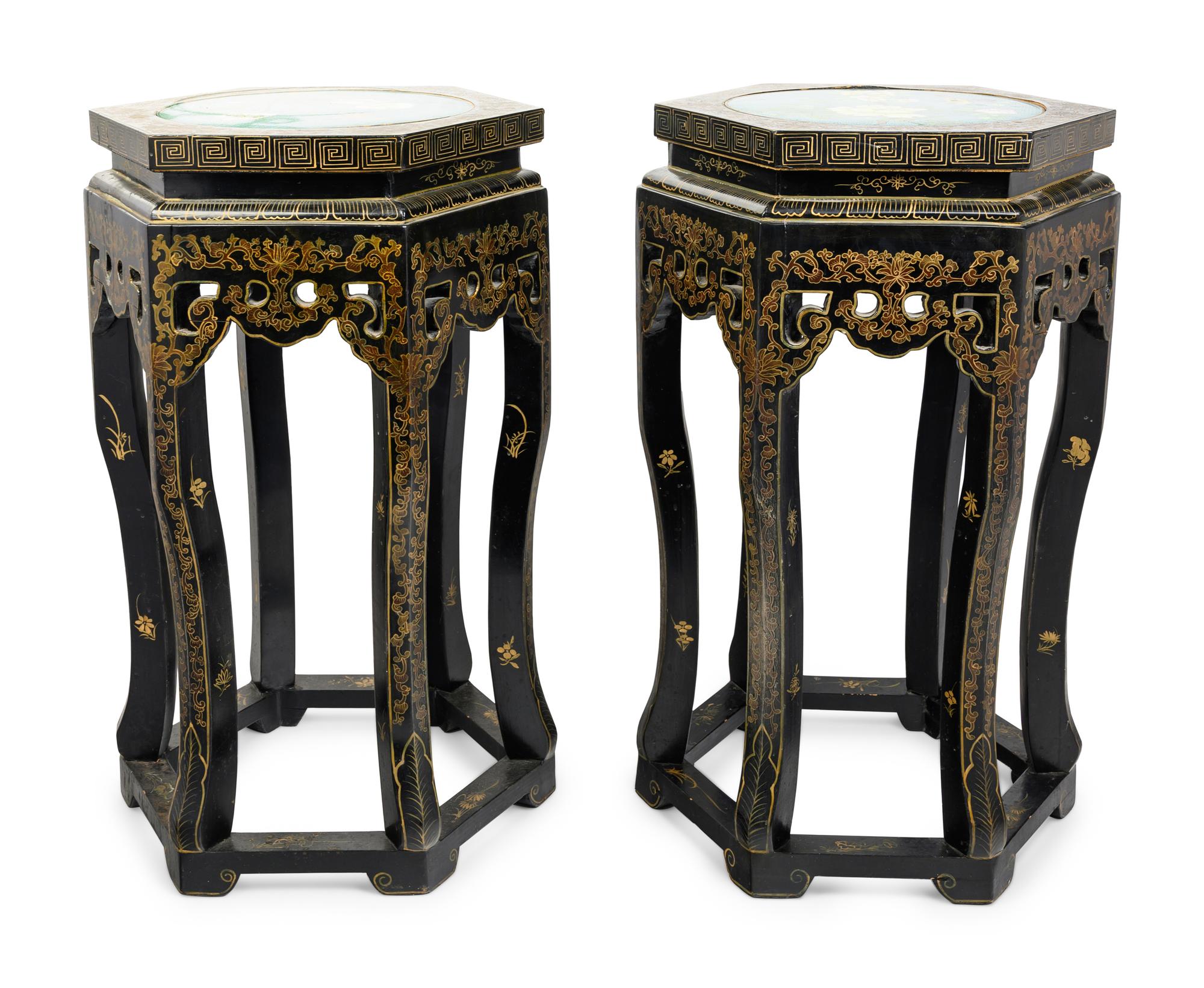 A Pair of Chinese Export Black and Gilt Lacquered Side Stands