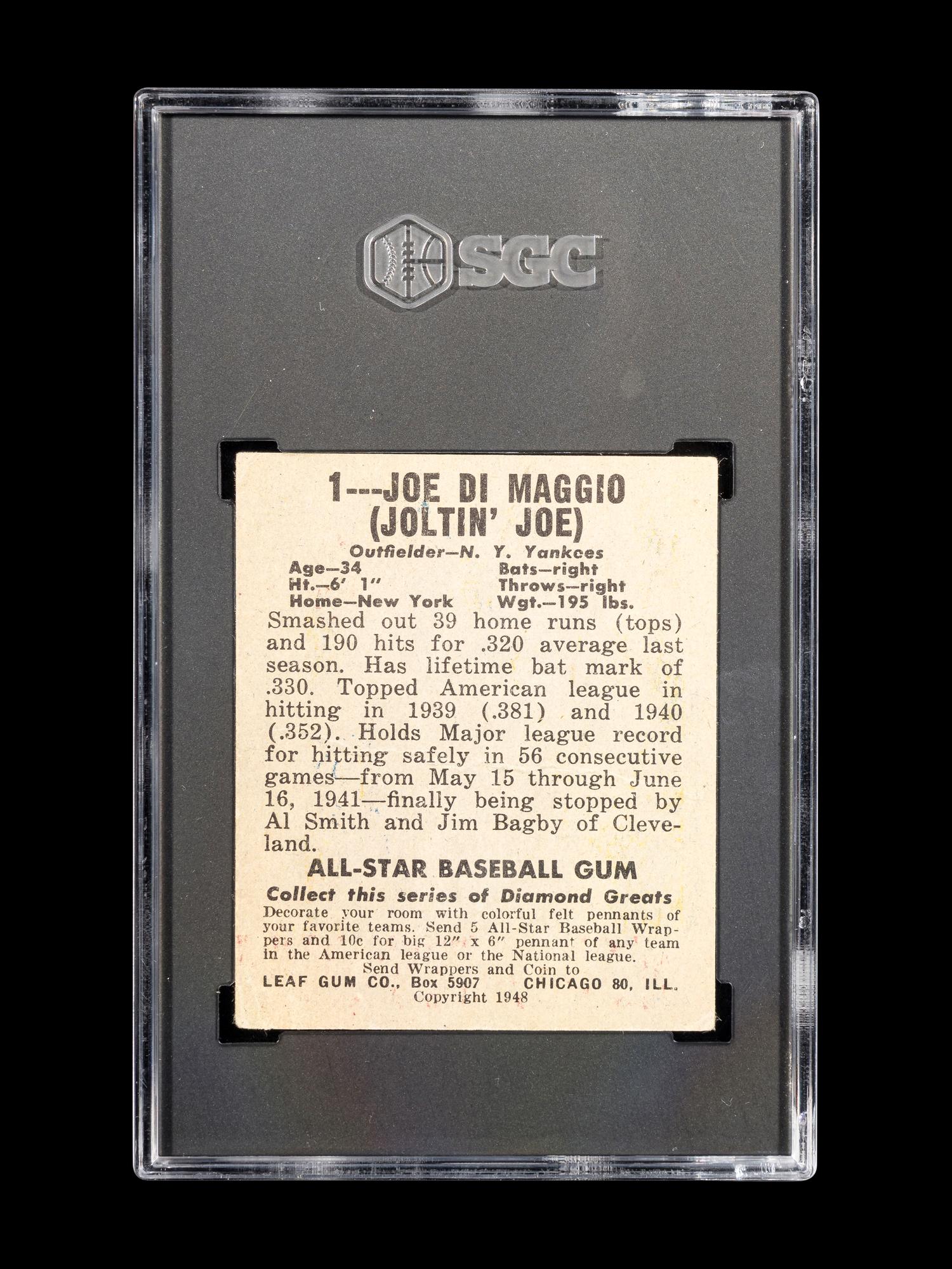 A 1948 Leaf Joe DiMaggio Baseball Card No. 1 (SGC 2 GOOD)