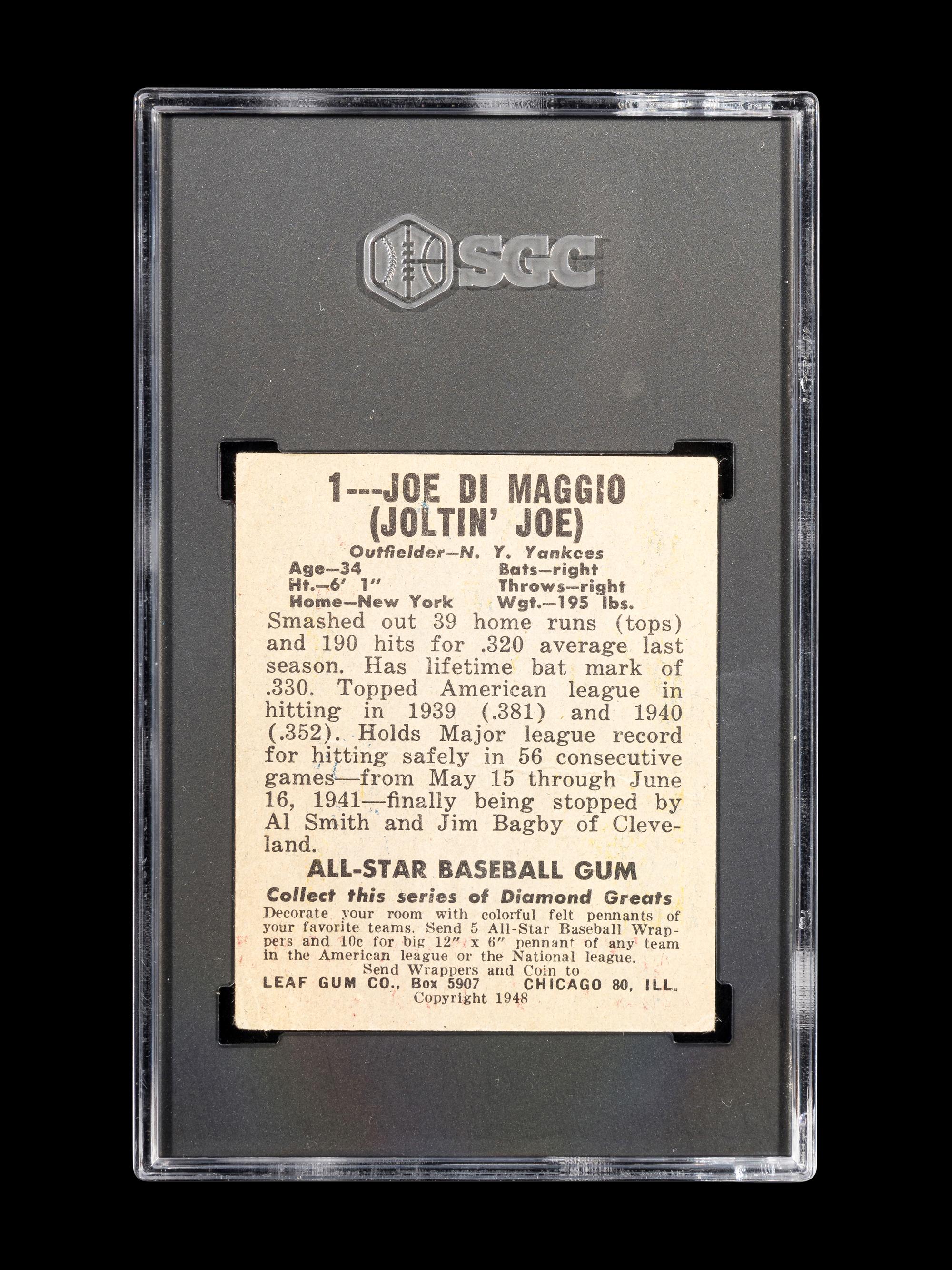 A 1948 Leaf Joe DiMaggio Baseball Card No. 1 (SGC 2 GOOD)