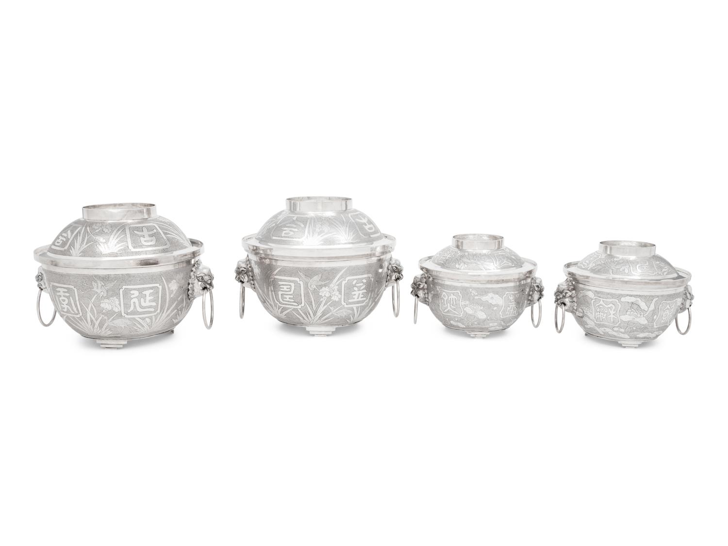 Two Pairs of Chinese Export Silver Covered Bowls