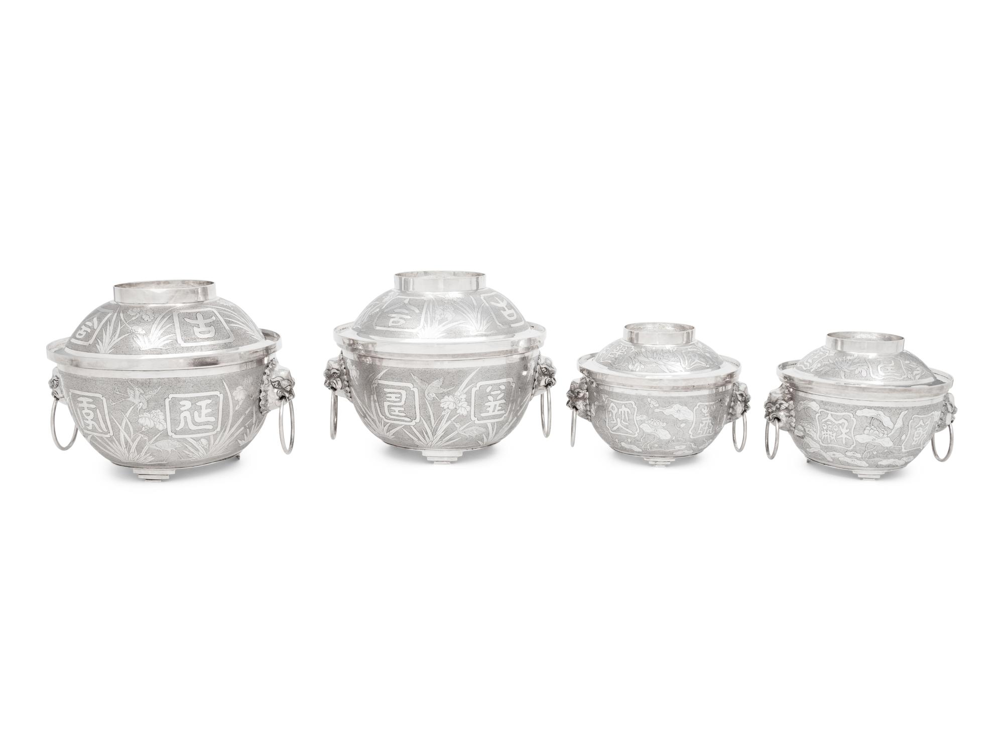 Two Pairs of Chinese Export Silver Covered Bowls