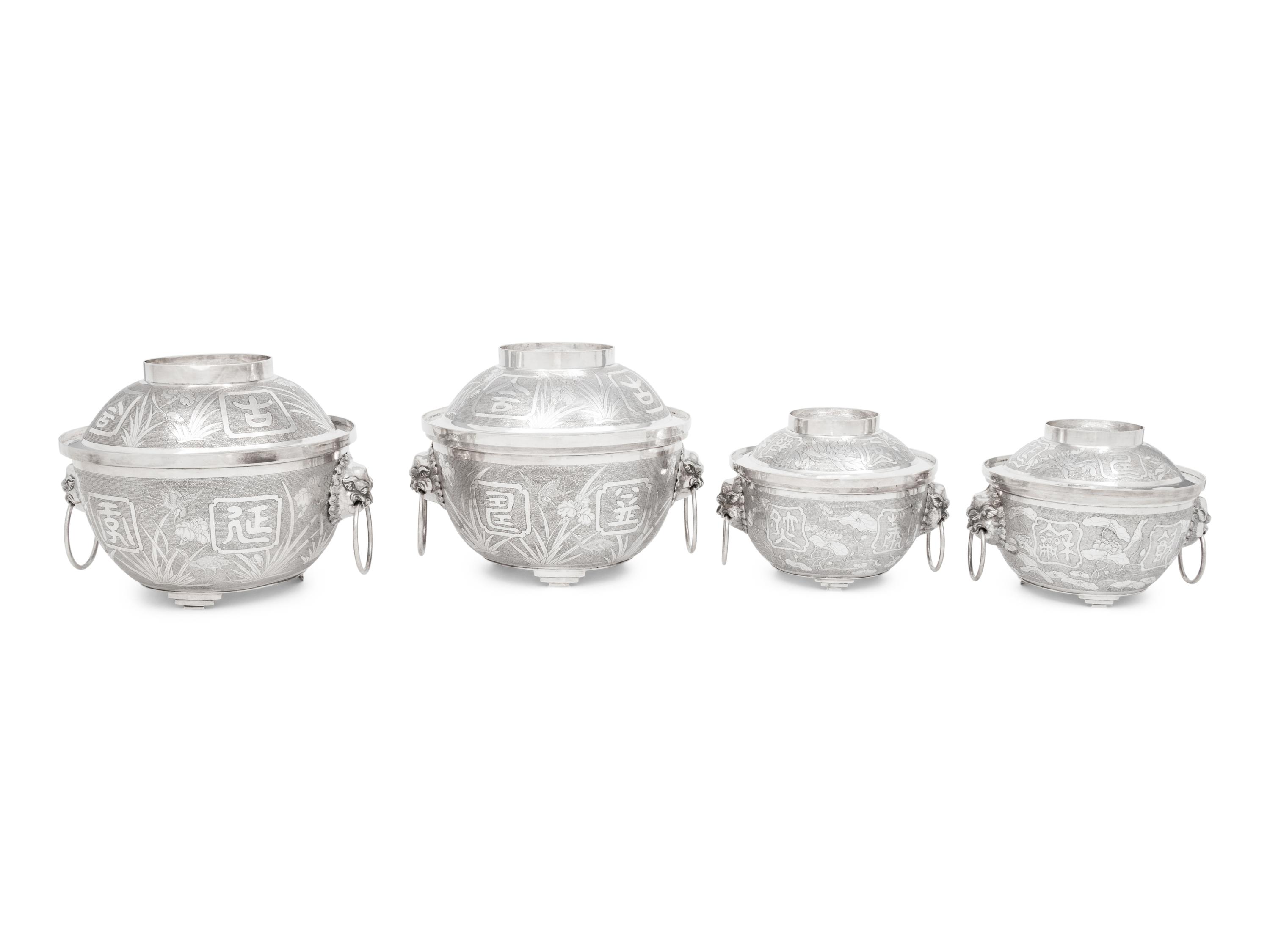 Two Pairs of Chinese Export Silver Covered Bowls