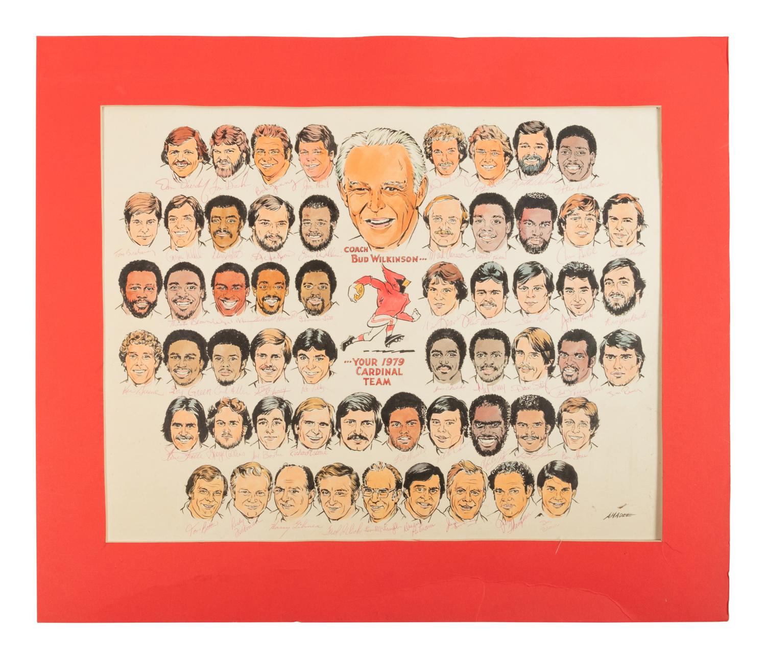 A 1979 Amadeee Wohlschlaeger Original St. Louis Cardinals Team Signed Autograph Artwork from The Collection of Hall of Fame Oklahoma Football Coach Bud Wilkinson
