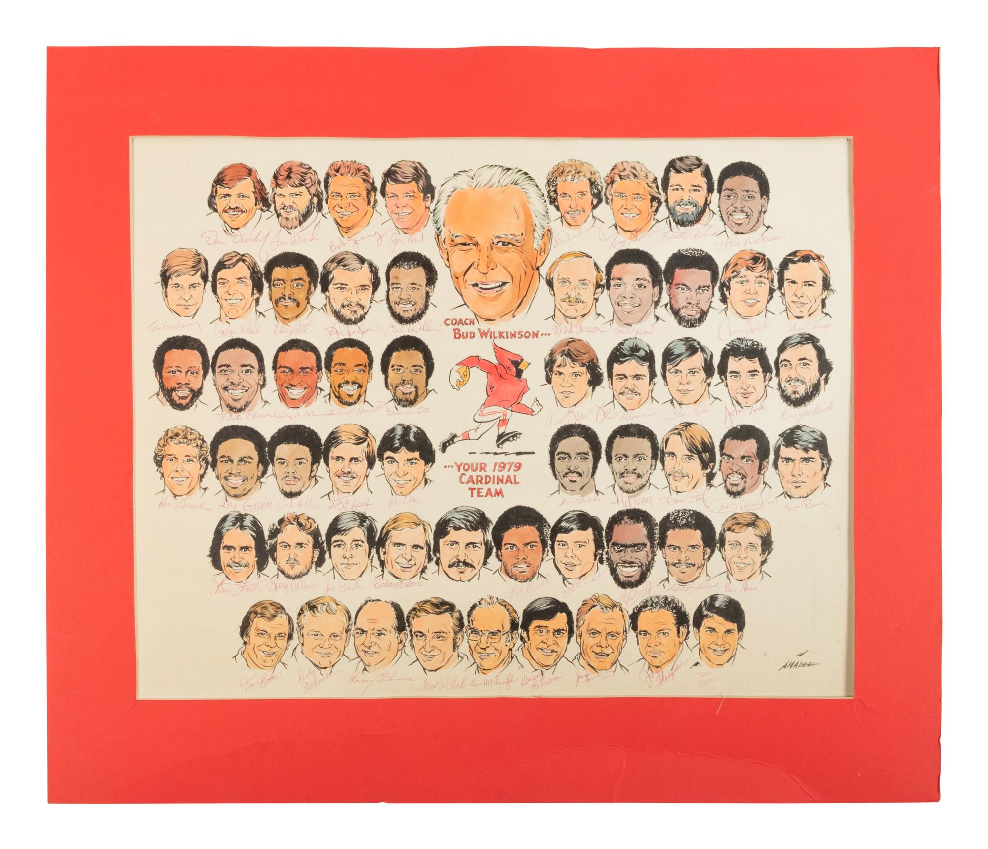 A 1979 Amadeee Wohlschlaeger Original St. Louis Cardinals Team Signed Autograph Artwork from The Collection of Hall of Fame Oklahoma Football Coach Bud Wilkinson