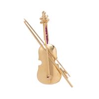 YELLOW GOLD, DIAMOND AND RUBY VIOLIN BROOCH