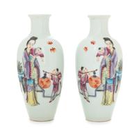 A Pair of Famille Rose Porcelain Vases Height of each 7 1/4 inches.